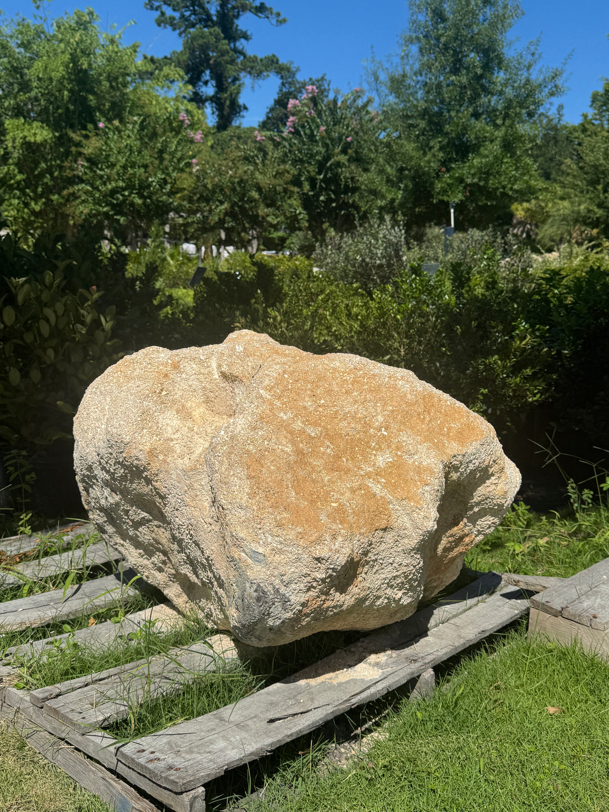 Large boulder in a garden setting with trees and grass.