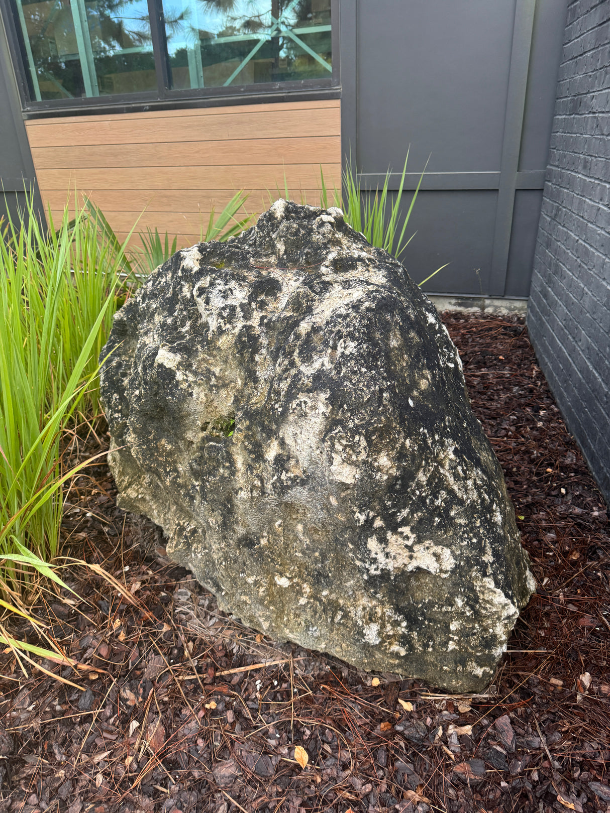 black and white boulder on the ground in front of a building with windows