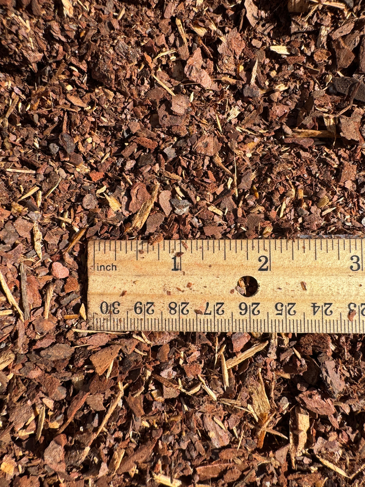 Wood chips with a ruler showing measurements