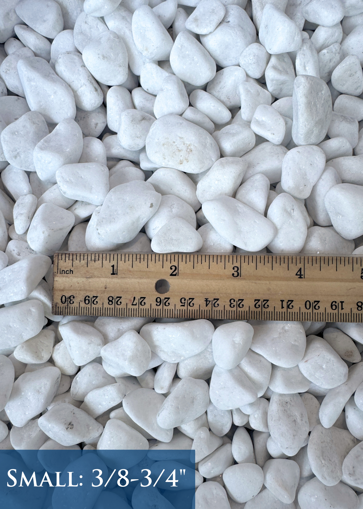 White pebbles with a ruler indicating size on a white background