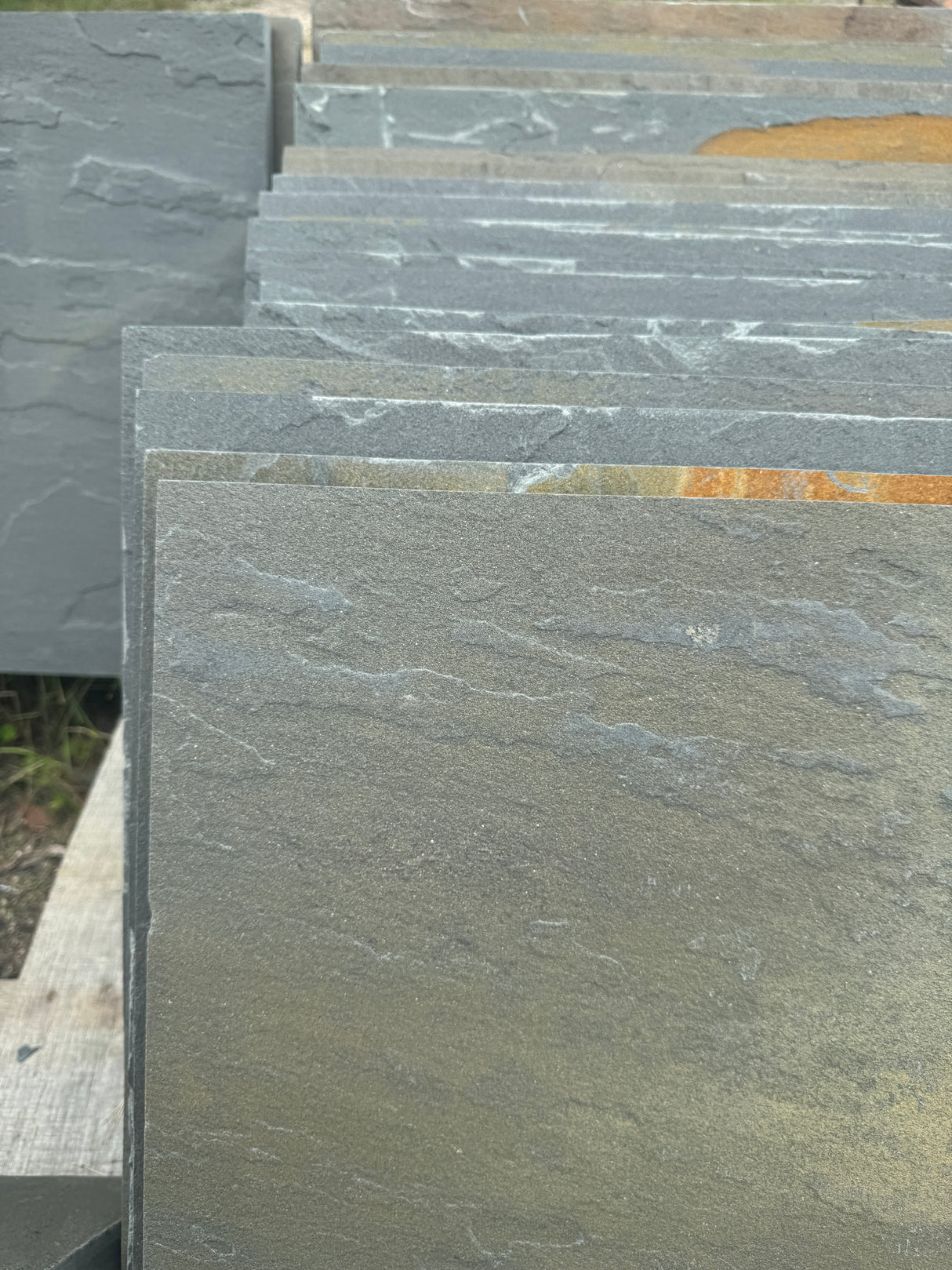 Close-up of gray stone slabs with a natural texture