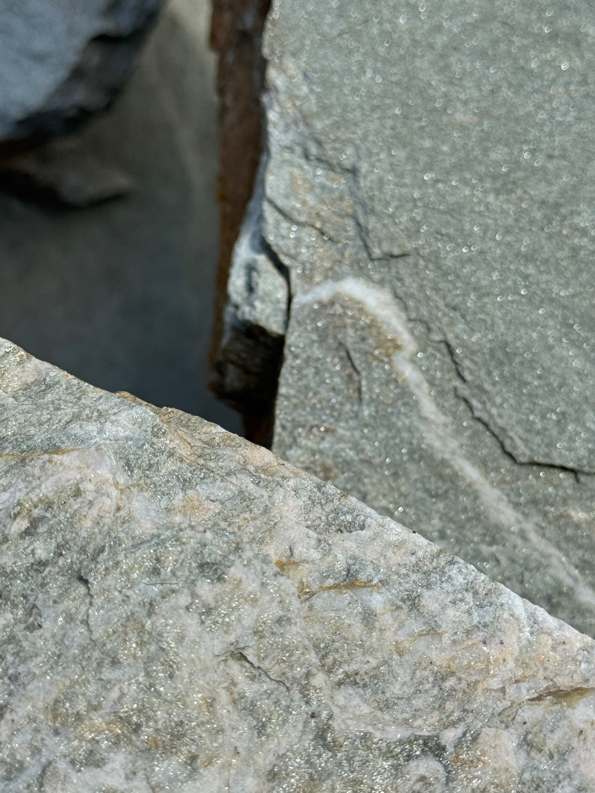 Close-up of textured flagstone surface with shine and natural patterns