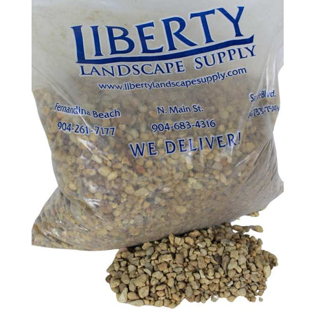 white pea gravel in Liberty Landscape Supply bag